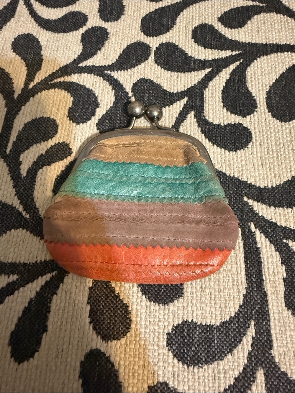 Fossil Striped Leather Coin Purse in Teal, Brown & Orange